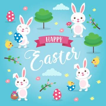 Happy Easter background with easter bunnies, lettering, trees, clouds and spring Illustrazione stock