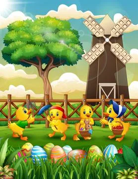 Happy Easter background farm with a bunch cute duckling Stock Illustration