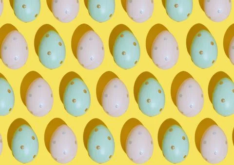 Happy Easter background. Flat lay composition with colored Easter eggs . Pattern Stock Photos