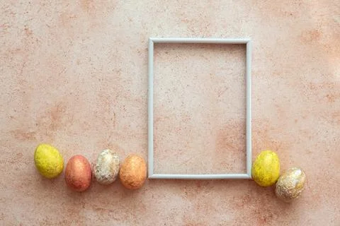 Happy easter background. Frame for text with easter eggs. Easter card with copy Stock Photos