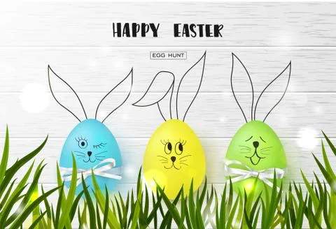 Happy Easter background with funny colorful eggs and grass on wooden texture イラスト素材