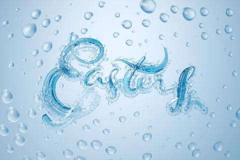 Happy Easter background with glass word decorated by eggs, water splash around Stock Illustration