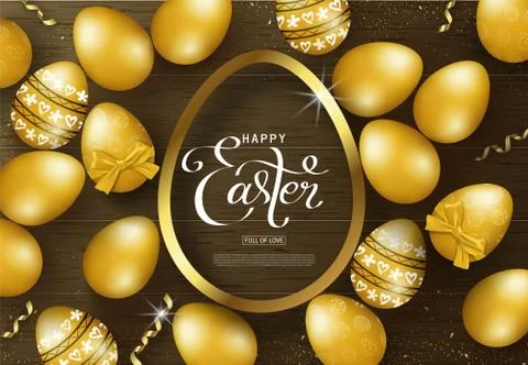 Happy Easter background with Golden eggs, frame and serpentine on wooden text Stock Illustration