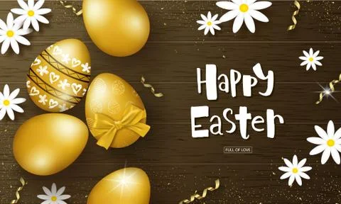 Happy Easter background with Golden eggs, chamomiles and serpentine on wooden Stock Illustration