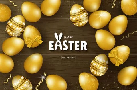 Happy Easter background with Golden eggs and serpentine on wooden texture Illustrazione stock
