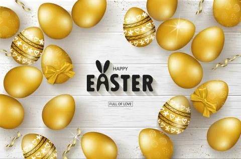 Happy Easter background with Golden eggs and serpentine on wooden texture Illustrazione stock