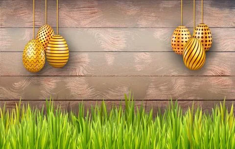 Happy Easter background with golden eggs on white rustic wooden background Stock Illustration