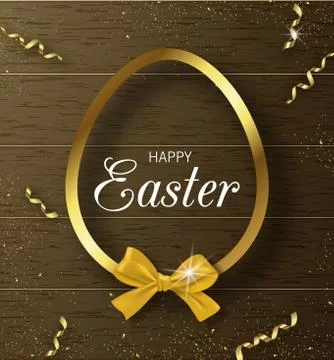 Happy Easter background with Golden frame and bow on wooden texture. Design l Stock Illustration