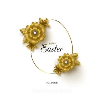 Happy Easter background with Golden frame and flowers. Design layout for invi Stock Illustration
