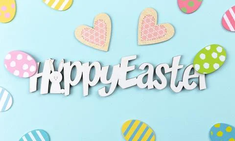 Happy Easter background. Greeting card concept, text with decorated flat east Stock Photos