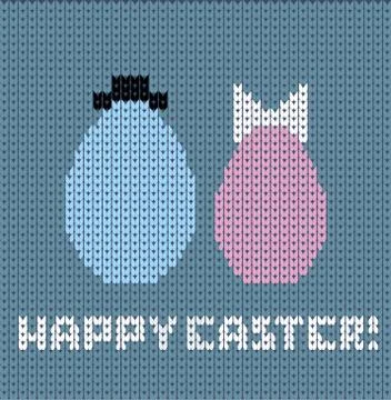 Happy easter background on knitting blue background Illustrazione stock