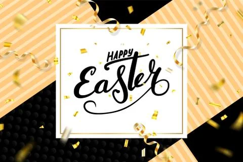 Happy Easter background, lettering, confetti. Greeting Easter 3D card. Gold d Illustrazione stock