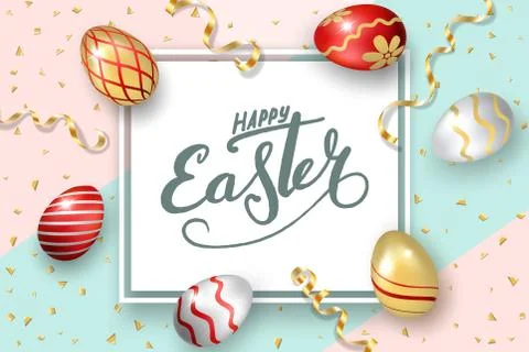 Happy Easter background, lettering, eggs. Greeting Easter 3D card. Gold decor Stock Illustration