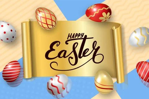 Happy Easter background, lettering, eggs. Greeting Easter 3D card. Gold decor Stock Illustration