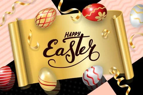 Happy Easter background, lettering, eggs. Greeting Easter 3D card. Gold decor 库存插图