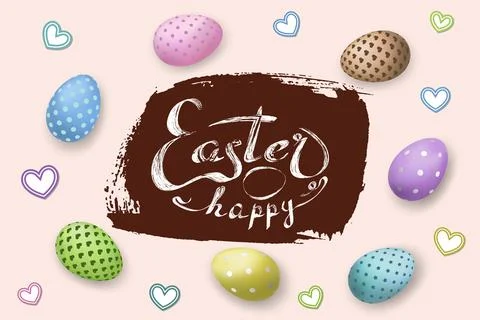 Happy Easter background, lettering, eggs texture pastel. Greeting Easter 3D card Stockillustratie