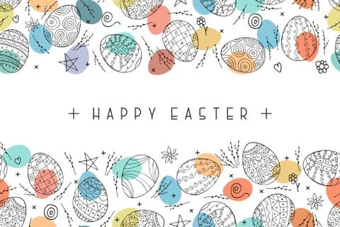 Happy easter background with ornamental eggs. Hand drawn design. Vector holiday Stock Illustration