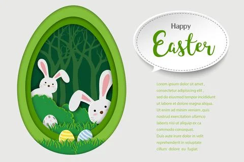 Happy Easter background with paper art of bunny and Easter eggs on spring forest Stock Illustration
