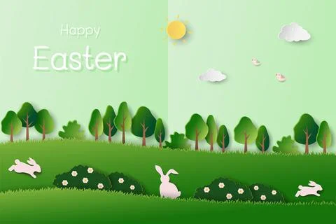 Happy Easter background on paper cut and craft style Stock Illustration