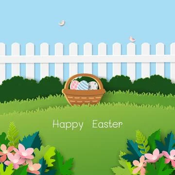 Happy Easter background on paper cut and craft style Stock Illustration