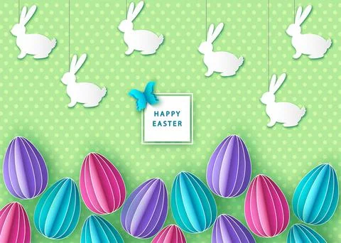 Happy easter background with papercut colorful  eggs  and  bunny. Stock Illustration