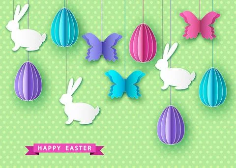 Happy easter background with papercut  eggs,  butterfly and  bunny. Stock Illustration