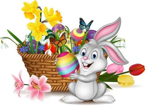 Happy Easter background with rabbit holding an Easter egg Stock Illustration