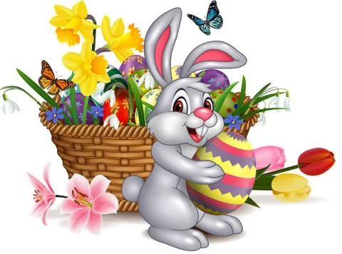 Happy Easter background with rabbit holding an Easter egg Stock Illustration
