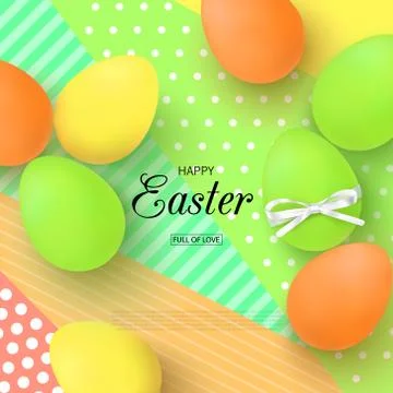 Happy Easter background with realistic colorful eggs. Design layout for Stock Illustration