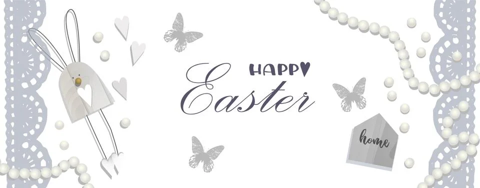 Happy easter background with realistic decorated beads and cute doodles. Gree Stock Illustration