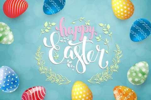 Happy Easter background with realistic Easter eggs. Easter card. Horizontal. Stock Illustration