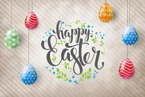 Happy Easter background with realistic Easter eggs. Easter card. Horizontal. Stock Illustration