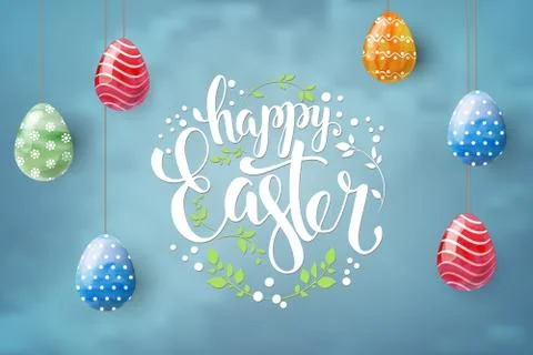 Happy Easter background with realistic Easter eggs. Easter card. Horizontal. Stock Illustration