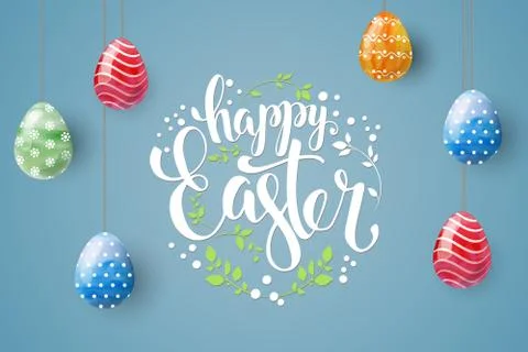 Happy Easter background with realistic Easter eggs. Easter card. Horizontal. Stock Illustration