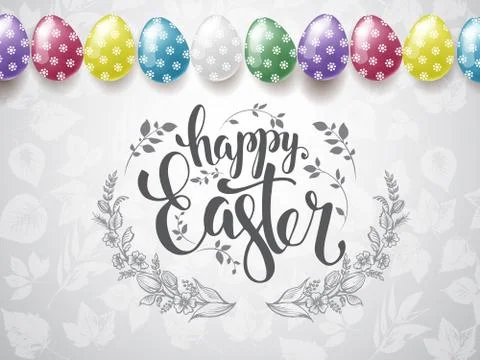 Happy Easter background with realistic Easter eggs. Easter card. Horizontal. Stock Illustration