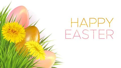 Happy Easter background with realistic easter eggs and dandelions Stock Illustration