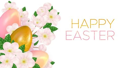 Happy Easter background with realistic easter eggs and cherry blossoms Stock Illustration