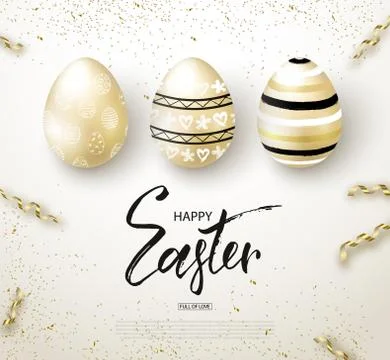 Happy Easter background with realistic golden shine decorated eggs and serpen Illustrazione stock
