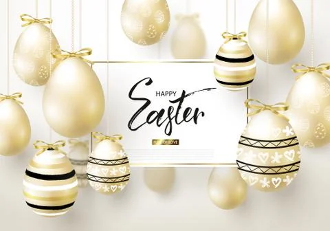 Happy Easter background with realistic golden shine decorated eggs. Design la Stock Illustration