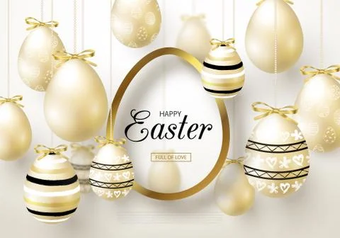 Happy Easter background with realistic golden shine decorated eggs. Design la Stock Illustration
