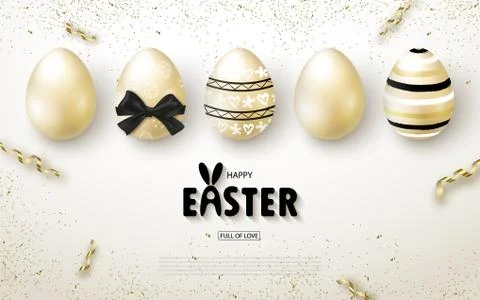 Happy Easter background with realistic golden shine eggs and serpentine. Design Stock-Illustration