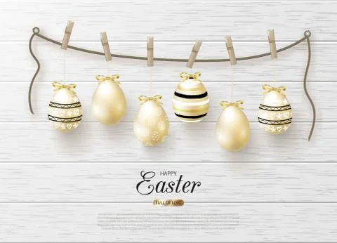 Happy Easter background with realistic golden shiny eggs on rope with Stock Illustration