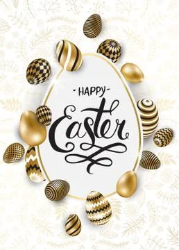 Happy Easter background with realistic golden shine decorated eggs Stock Illustration