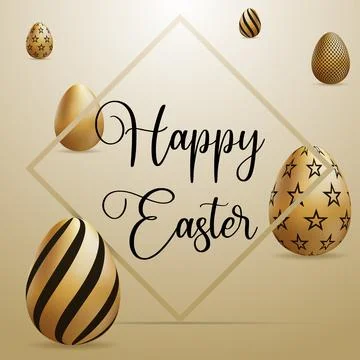 Happy Easter background with realistic golden decorated eggs. Easter greeting Illustrazione stock