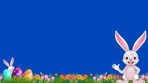 Happy easter background with saying hello Bunny cartoon and beautiful envir.. Illustrazione stock