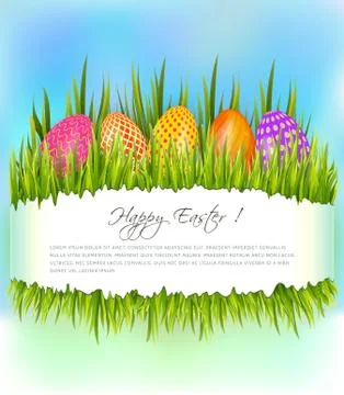 Happy Easter background with set of colorful eggs in grass and copy space. Stock Illustration