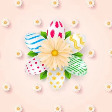 Happy Easter background template with beautiful camomiles and eggs. Vector Illustrazione stock