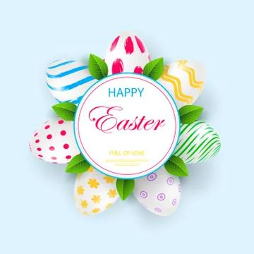 Happy Easter background template with beautiful camomiles and eggs. Vector Stock Illustration