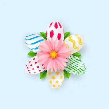 Happy Easter background template with beautiful camomiles and eggs. Vector Stock Illustration