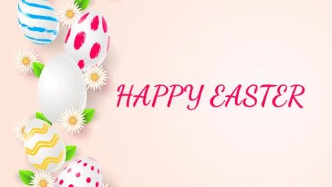 Happy Easter background template with beautiful camomiles and eggs. Vector Illustrazione stock